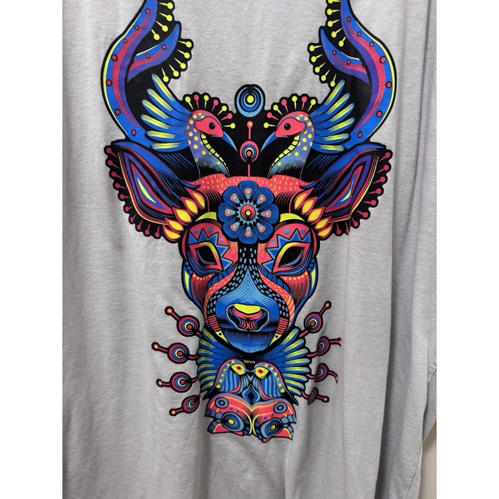 Larva Neon Deer Buck Psychedelic Cotton men's Tribal Ethnic XL T-shirt GID tee